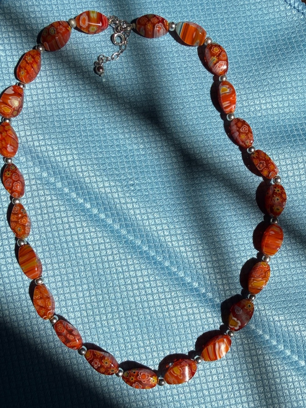 Murano Orange Millefiori Glass Necklace with 925 Silver Accents